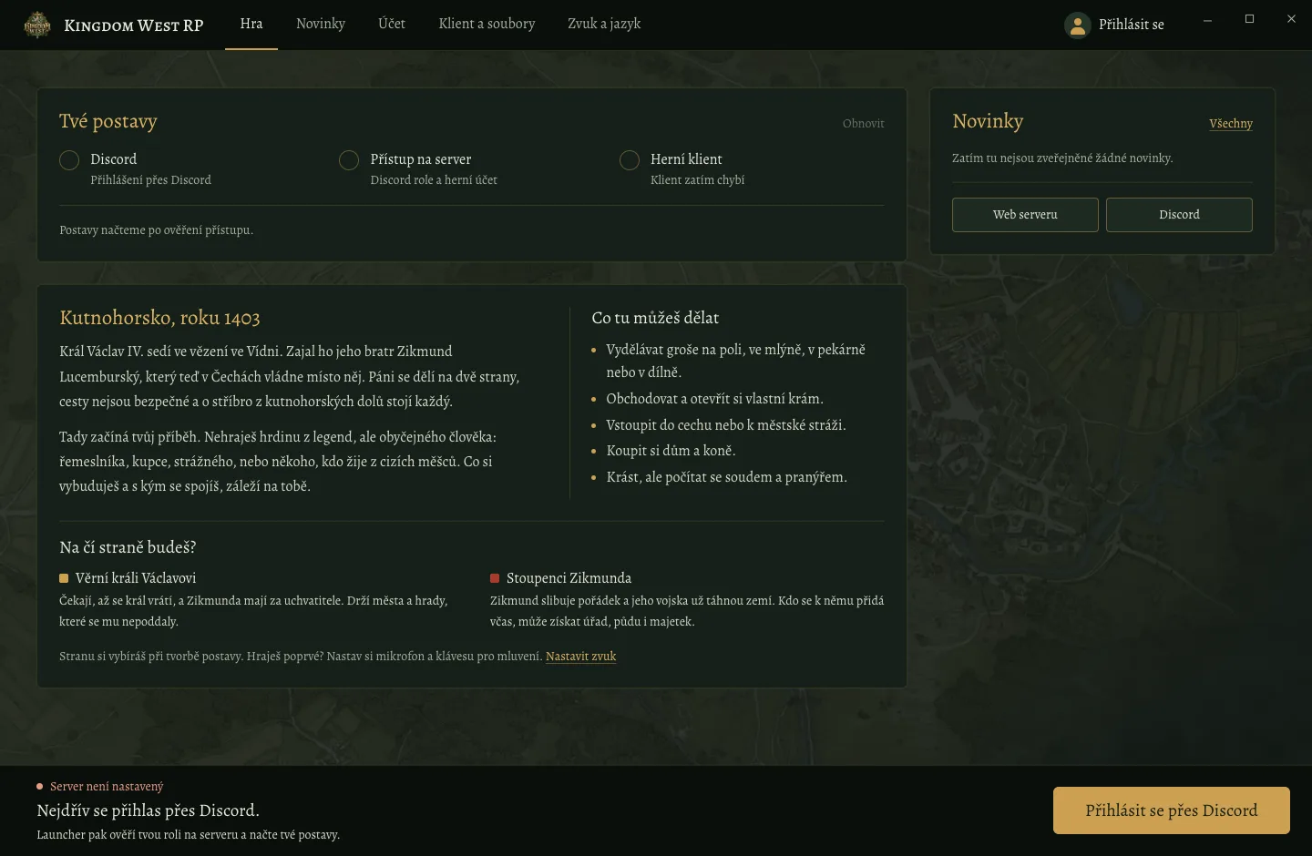 Okno launcheru Kingdom West RP: tvé postavy, novinky a tlačítko pro přihlášení přes Discord